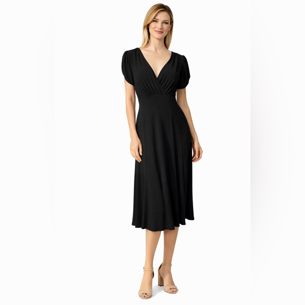 Jones NY Black Midi Dress 16 A Line Jersey Stretch Short Ruched Sleeve NEW